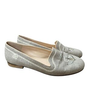 Jon Josef Linen Leather Gatsby anchor Embroidered Flats Loafers Shoes 7.5
